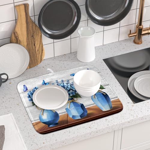 Blue Hydrangea Dish Drying Mat for Kitchen Vintage Wood Board Floral Butterfly Dish Drainer Mats 16x18inch Rustic Flowers Dish Drying Rack Pad Protector for Countertop Dining Decor
