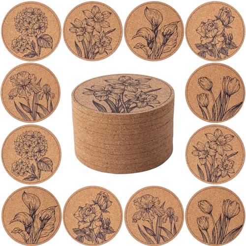 Cork Coasters for Drinks Absorbent Non Slip 12pcs 4 Inch Flower (12 Count)