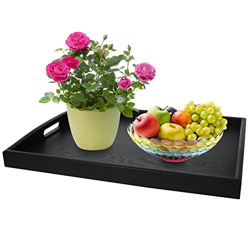 Serving Tray Large Black Wood Rectangle Food Tray Butler Tray Breakfast Tray with Handles