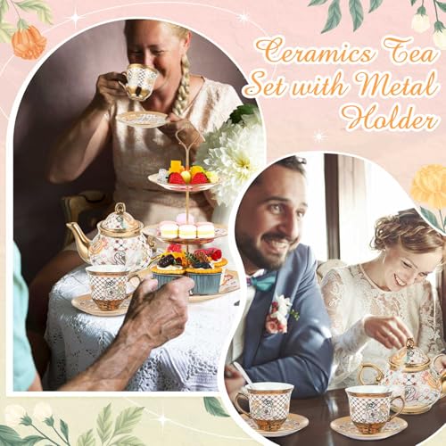 21 Pcs Porcelain Tea Set for Women Tea Party with Metal Holder and 3 Tier Cake Stand Ceramic European Floral Teapot Set for Adults Mother's Day Christmas Thoughtful Gift