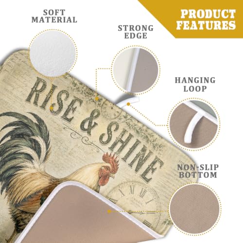 Farmhouse Rooster Dish Drying Mat 16 x 18 Inch with Hanging Loop High Absorbent Reversible Microfiber Dish Drying Pad Drainer Mat for Kitchen Counter Coffee Bar