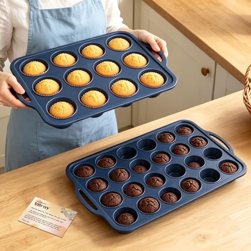 2 Pack Silicone Muffin Pan 12 & 24 with Frame Non Stick Cupcake Baking Tin (2 Count)