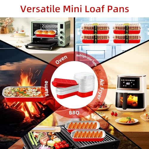 100PCS Red Mini Loaf Pan with Lids and Spoons 6.8oz Rectangular Aluminum Foil Bread Pan 10oz Square Cake Cup with Decal Disposable Baking Supply for Graduate Wedding Birthday (100 Count)