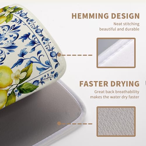 Lemon Dish Drying Mats Spring Summer Dish Mat Blue Chinoiserie Floral Drying Matt Dishes Dryer Pad for Kitchen Counter Absorbent Microfiber Washable Foldable Reusable 18x24 in