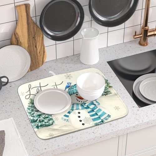 Blue Snowman Dish Drying Mat Xmas Trees Bird Winter Snowy Scene Dish Drainer Mats 16"x18" Microfiber Reversible Dish Drying Rack Pad Protector for Kitchen Countertop Decor