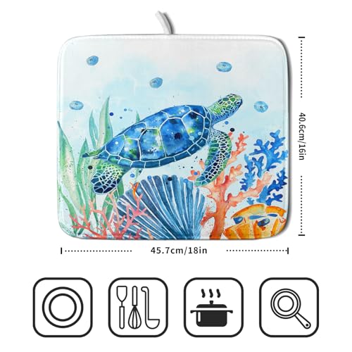 Sea Turtle Dish Drying Mat 16x18in Watercolor Blue Tortoise Dish Drainer Mats Nautical Ocean Coral Seashell Seaweed Microfiber Dish Drying Pad for Kitchen Countertop Small Decor