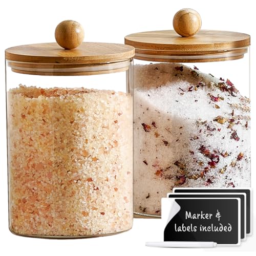 Set of 2 Glass Canisters for Kitchen Counter with Airtight Bamboo Lids + Marker & Labels (2 Count)