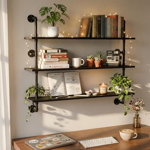 Industrial Pipe Shelving Rustic Black Wall Shelves with Wood Planks Industrial Floating Shelves 48 Inch 3 Tier Farmhouse Bookshelf Pipe Shelves Wall Mounted