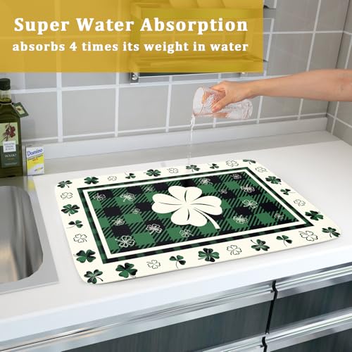 Patrick Clovers Dish Drying Mat 18"x24" Lucky Shamrock Spring Leaf Dish Drainer Mats Green Black Buffalo Plaids Absorbent Microfiber Dish Drying Pad for Kitchen Countertop Large Decor
