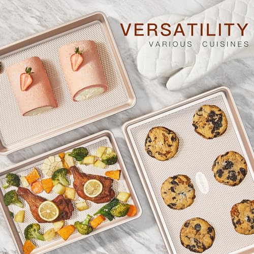3 Pack Gold Nonstick Baking Sheet Pan Set with Oven Mitts Heat Resistant (5 Count)