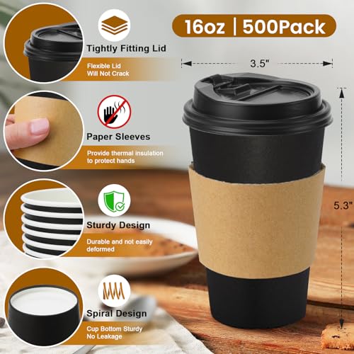 500 Pack 16 oz Disposable Coffee Cups With Lids and Sleeves (500 Count)