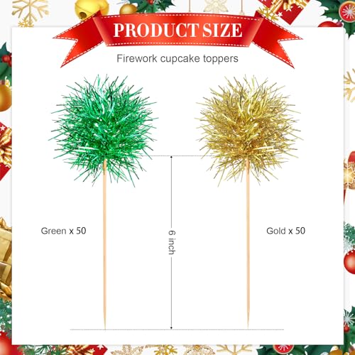 100 Pcs Foil Firework Cupcake Toppers Sparkle Tinsel Cake Toppers Cake Decoration Cocktail Fruit Toothpick for Christmas Birthday Wedding Graduation Party Decoration