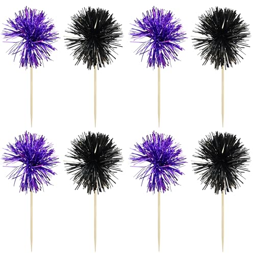 30Pcs Foil Firework Cupcake Toppers Sparkle Tinsel Cake Toppers Tinsel Drink Cake Decoration Cocktail Picks for Birthday Wedding Graduation Party Supplies Black Purple (30 Count)