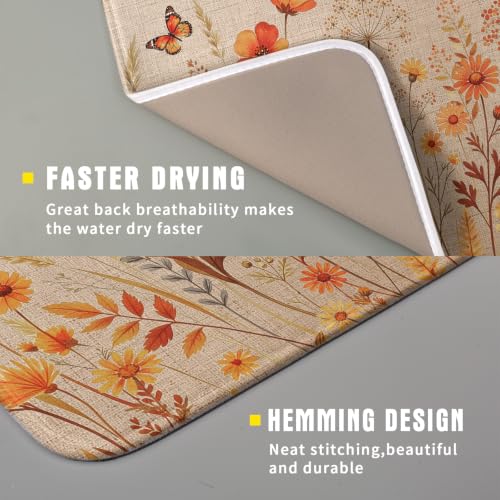 Rustic Fall Flowers Dish Drying Mat Retro Autumn Orange Floral Butterfly Dish Drainer Mats 16"x18" Microfiber Reversible Dish Drying Rack Pad Protector for Kitchen Countertop Decor