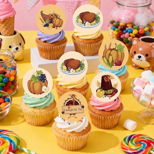 48PCS Edible Thanksgiving Day Cupcake Toppers Wafer Paper Autumn Food Cake Decorations Edible Pumpkins Cupcake Picks for Autumn Thanksgiving Party Birthday Decor Supplies