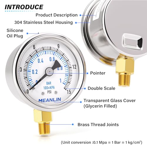 0~15Psi Dry Low Pressure Gauge Stainless Steel 1