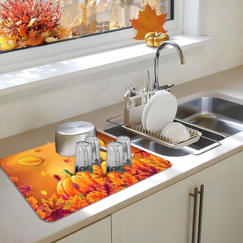 Harvest Pumpkin Maple Leaf Dish Drying Mat for Kitchen Counter