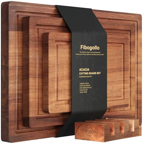 Set of 3 Acacia Wood Kitchen Cutting Boards with Holder (3 Count)