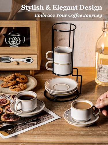 2.5 Ounce Espresso Cups Set of 4 with Saucers & Metal Rack (8.25 Count)