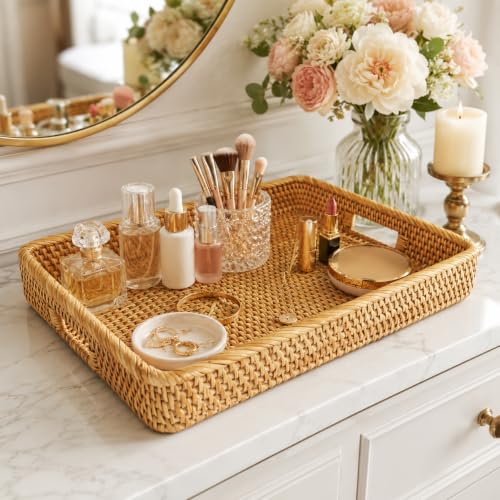 17 Inch Large Rectangular Rattan Serving Tray with Handles