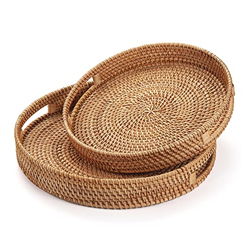 Coffee Table Tray Round Rattan Ottoman Tray Woven Serving Trays with Handles for Home and Kitchen Decorative Natural