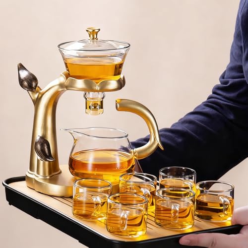 Lazy Kungfu Glass Tea Set Heat Resistant Semi Automatic Drip Rotating with Infuser Magnetic Teapot Set for Gongfu Tea Making Ideal