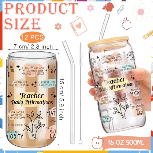 12 Sets Back to School Teacher Gifts Teacher Appreciation Glass Cups with Bamboo Lids and Straws 16oz Can Shaped Glass Tumbler for Women Cute Iced Coffee Glasses End of Year Gift Set (12 Count)