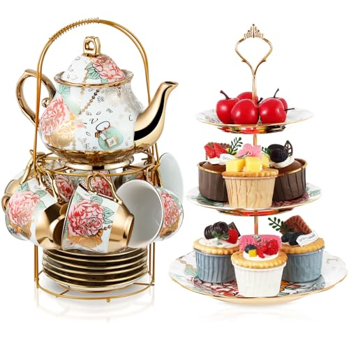 21 Pcs Porcelain Tea Set for Women Tea Party with Metal Holder and 3 Tier Cake Stand Ceramic European Floral Teapot Set for Adults Mother's Day Christmas Thoughtful Gift