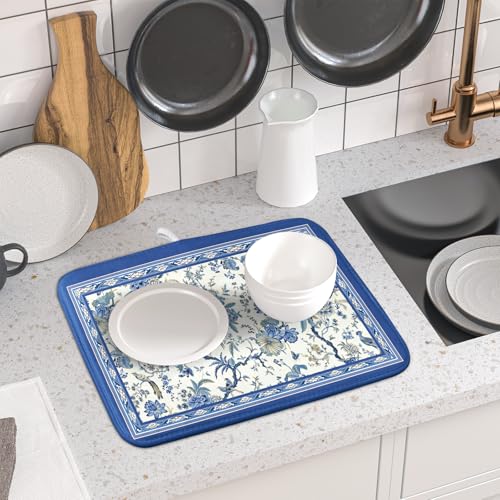 Chinoiserie Dish Drying Mat 16x18in Blue White Oriental Floral Birds Kitchen Drainer Mats Porcelain Flowers Reversible Microfiber Dish Drying Pad Small for Countertop Home Decor