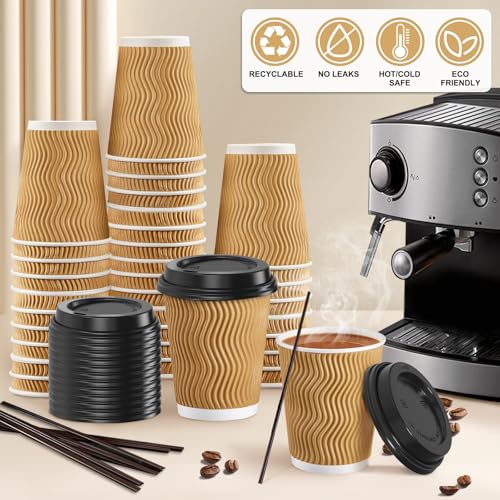 90 Pack 8 oz Disposable Coffee Cups with Lids and Straws (90 Count)
