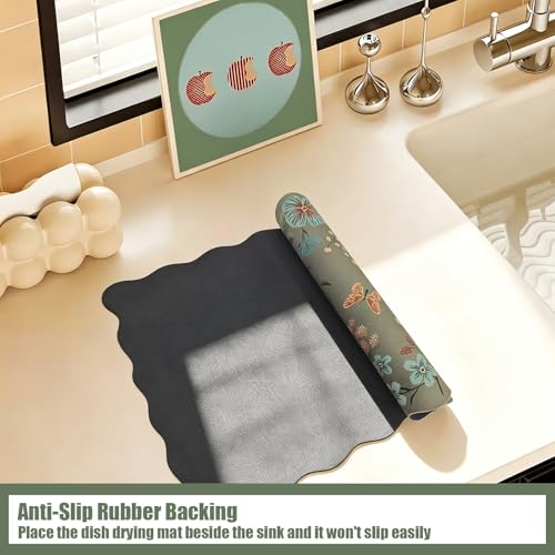 Scalloped Bohemian Boho Floral Flower Coffee Bar Mat Dish Drying Mats for Kitchen Counter