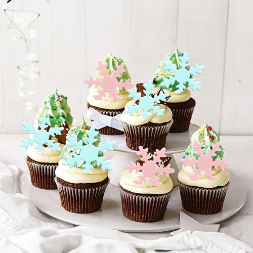 50Pcs Pink Edible Cupcake Cake Toppers Snowflake Cake Decorations for Christmas Winter Frozen Theme Party Supply Decoration Blue Pink (50 Count)