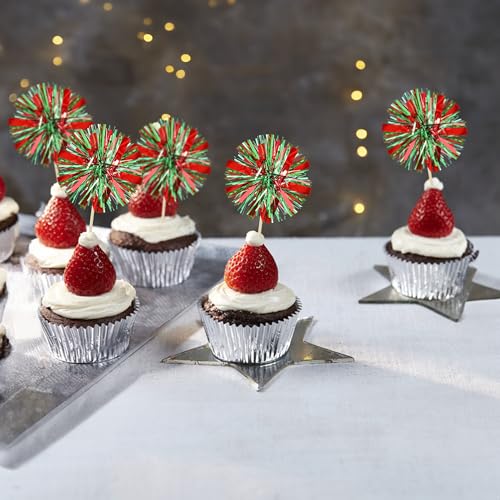 30Pcs Foil Firework Cupcake Toppers Sparkle Tinsel Drink Birthday Cake Decorations Cocktail Food Fruit Toothpick for New Years Wedding Birthday Party Decorations Red Green (30 Count)