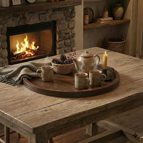 Round Ottoman Tray Large Wood Serving Tray for Table Living Room Bedroom