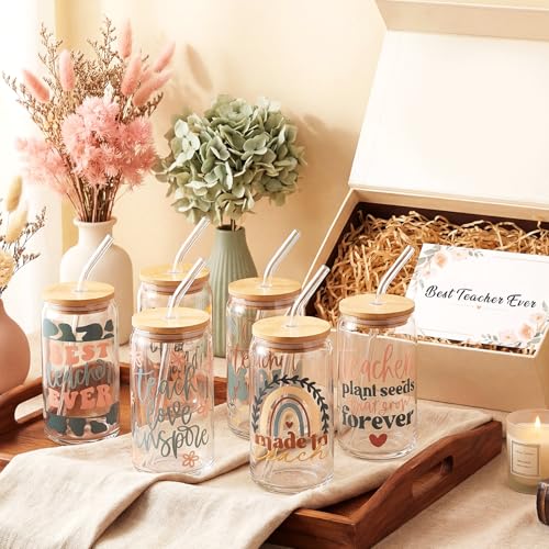 12 Sets End of Year Teacher Gifts Bulk Teacher Appreciate Glass Cups with Lids and Straws 16 oz Iced Coffee Cup Cute Thank You Gift for Daycare Preschool Kindergarten Back to School (12 Count)