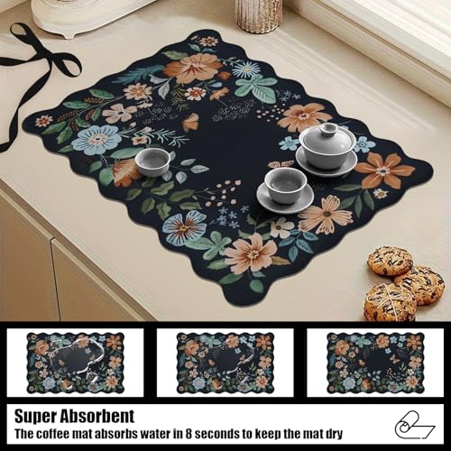 Scalloped Bohemian Coffee Bar Mat Dish Drying Mats for Kitchen Counter