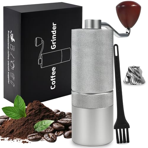 Manual Coffee Grinder Gift Box Detachable Stainless Steel Conical Burr Aluminum Coffee Bean Grinder with 25 Grinding Settings Cleaning Brush Grindable Espresso Moka Pot for Camping Silver