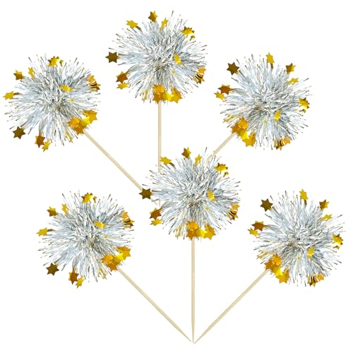 30Pcs Foil Firework Cupcake Toppers Sparkle Tinsel Cupcake Picks Happy Birthday Cake Decorations Drink Stirrers Cocktail Food Fruit Toothpicks for Baby Shower Graduation Party Supplies Silver (30 Count)