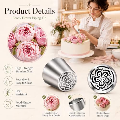 4pcs Russian Piping Tips Set Extra Large Stainless Steel Flower Icing Nozzles One Step Peony Carnation Dahlia Rose Tips for Cake Decorating ButtercreamCupcake Baking Supplies for Beginners (4 Count)