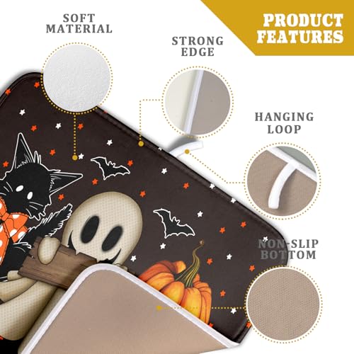 16"x18" Halloween Dish Drying Mat Spooky Pumpkin Ghost Black Cat Bats Kitchen Drainer Mats Holiday Gothic Reversible Microfiber Dish Drying Pad Small Size for Countertop Tabletop Decor