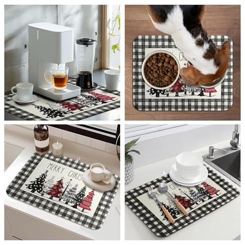 Merry Christmas Dish Drying Mat Buffalo Plaid Large Kitchen Mats Dish Drying Pad Xmas Christmas Tree Absorbent Dish Dryer Mat for Kitchen Countertops Microfiber Drainer Pad Dish Drying Mats