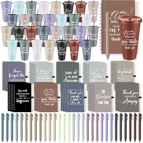 90 Pcs Employee Appreciation Gifts Bulk 24 oz Thank You Tumbler with Lid and Straw Mini Spiral Notebooks and Pens Appreciation Gifts for Team Employee Coworkers Teacher (90 Count)
