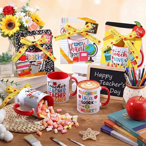 12 Sets Teacher Appreciation Gifts Bulk 12 oz Teacher Appreciation Coffee Mugs with Mug Holders Thank You Coffee Cup with Gift Boxes Ribbon for School Graduation Staff Coworkers Team Gifts (12 Count)