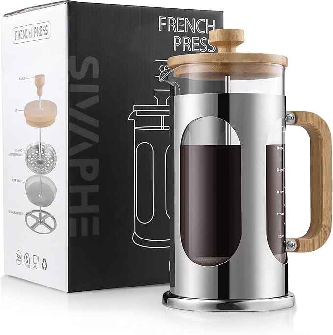 Sivaphe No-Plastic French Press Coffee Maker 34 oz, Borosilicate Glass Bamboo Lid and Handle Coffee Tea Press 8 cup, 1000ml Coffee Milk Forther with Stainless Steel Holder and Resuable Filters