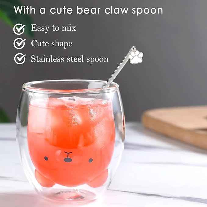 Bear Cute Mugs Kawaii Double Wall Glass Coffee Tea Mill Yogurt Cup Funny Novelty Gift for Women Her Friends Office Birthday Christmas