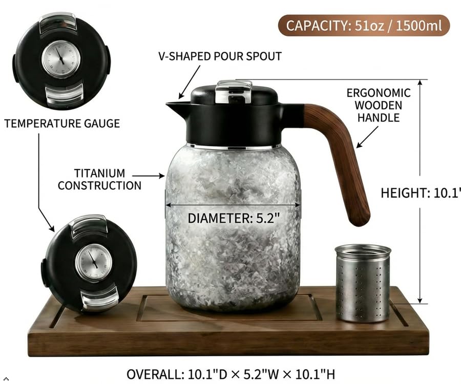 51oz (1500ml) Titanium Teapot with Infuser & Lid,Accurate temperature measurement, Gift Box Set, Ice-Flake Pattern Large capacity coffee cup, Wooden Handle water bottle(silver)