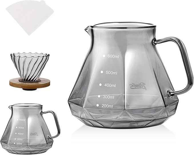 Bincoo Pour Over Coffee Maker Set - Borosilicate Glass Dripper with Walnut Handle & Glass Lid, 50 pcs Paper Filters Included - 600ml Pour Over Coffee Dripper for Home, Café, & Camping (Dark Gray)