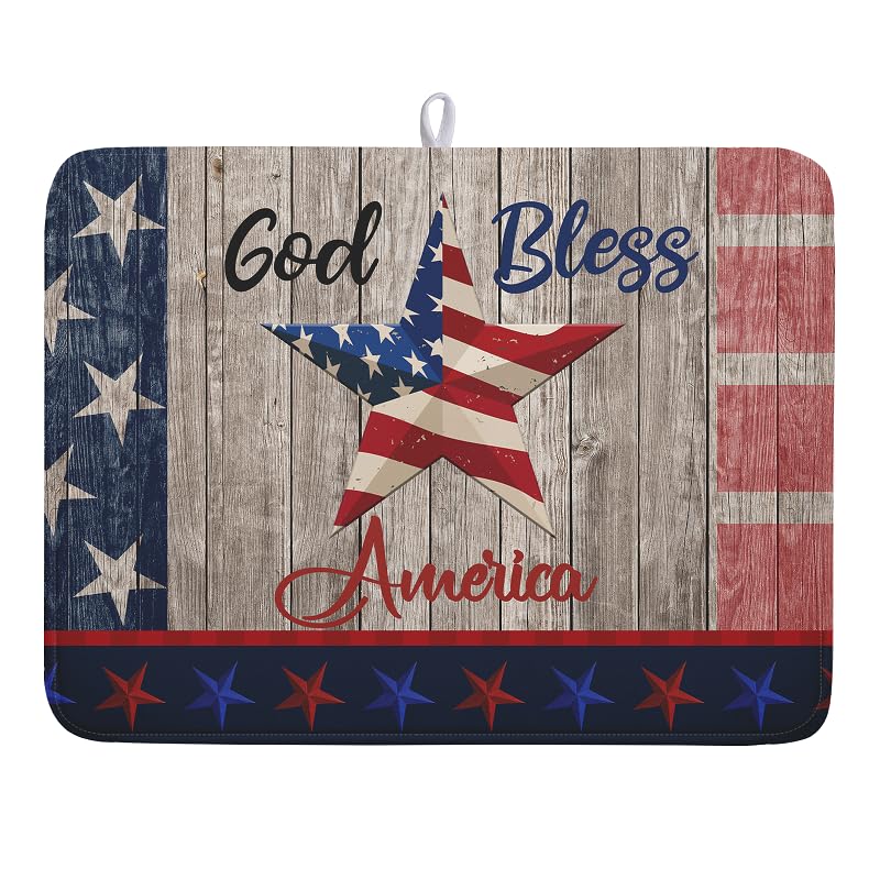 4th of July Dish Drying Mat 18x24 Inch Patriotic God Bless America Memorial Kitchen Mats Independence Day Absorbent Dishes Pad for Kitchen Counter USA Star Drying Mat Home Decor for Countertop