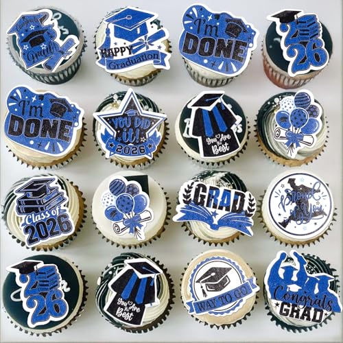 48Pcs Edible Graduation Cap 2026 Cupcake Toppers Wafer Paper Grad Cap Diploma Cake Decoration Picks for 2026 Grad Theme Party Cake Decor Supplies Black Blue (48 Count)
