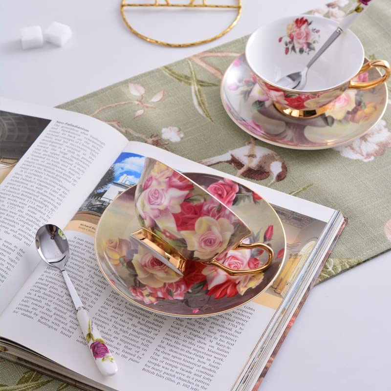 Coffee Mugs Rose Bone China Tea Cup Saucer Spoon Set 200ml Advanced Porcelain Coffee Cup British Cafe Afternoon Teacup Drop Shipping Mug Set